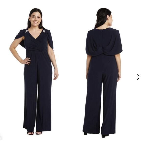 NWT RM Richards Evening Jumpsuit Navy Blue Formal Wedding Guest 10P Cape Romper - Picture 1 of 9
